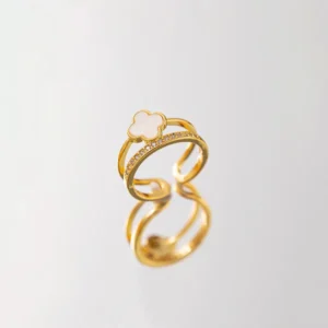 Gold Plated Anti Tarnish Stainless Steel Clover Themed Adjustable Finger Ring