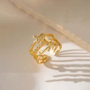Gold Plated Anti Tarnish Stainless Steel Butterfly Themed Adjustable Finger Ring