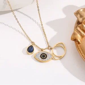 Stainless Steel Gold Plated American Diamond Studded Evil Eye Anti-Tarnish Pendant Necklace