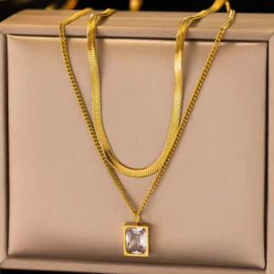 gold plated anti tarnish white emerald geometric layered necklace