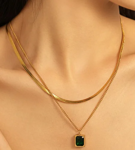 gold plated anti tarnish green emerald geometric layered necklace